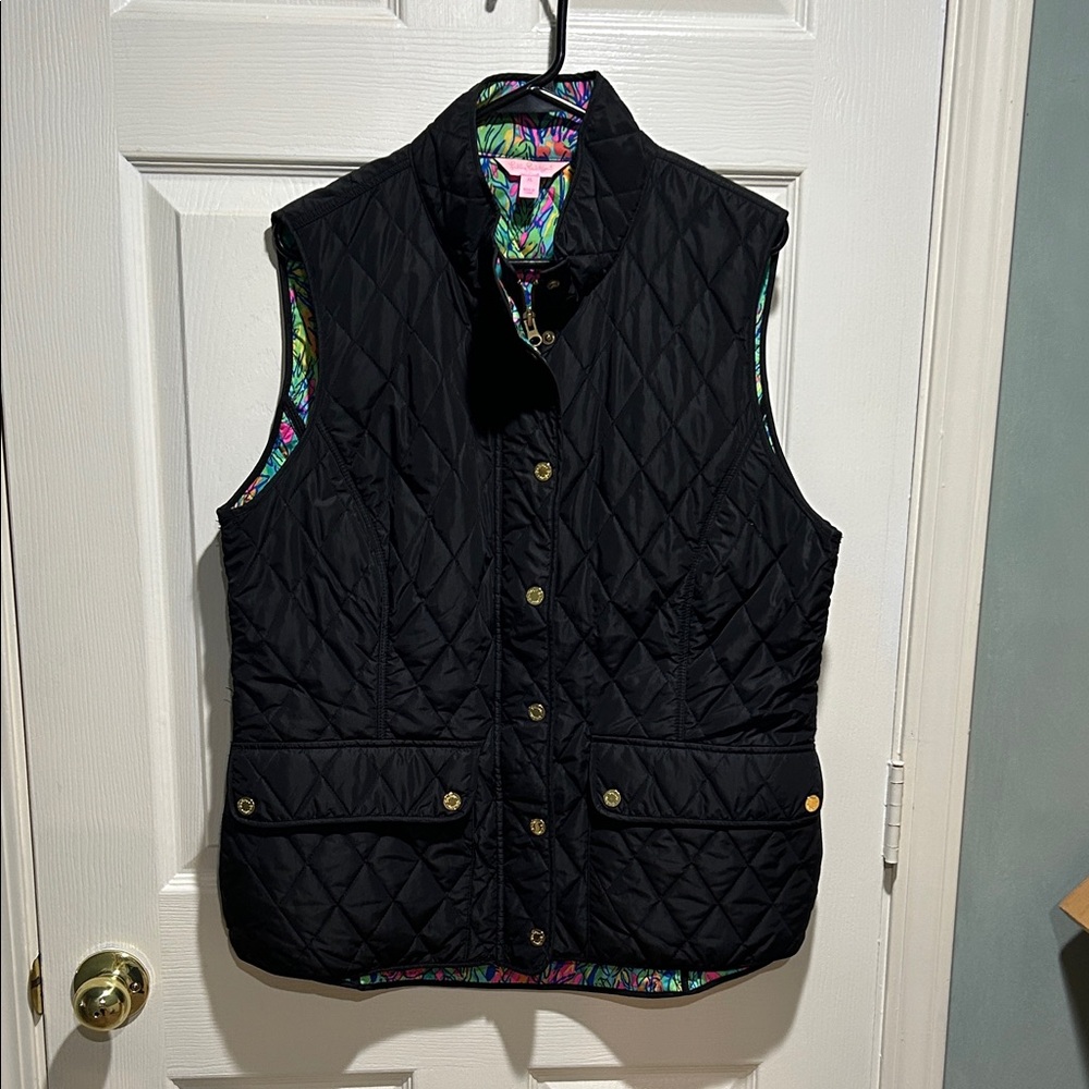 Lilly Pulitzer Black Vest with Vibrant Multicolor Lining